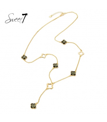 Goudkleurige lange halsketting met taupe kleurige klavers