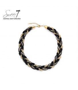 Zwart gevlochten halsketting met strass steentjes