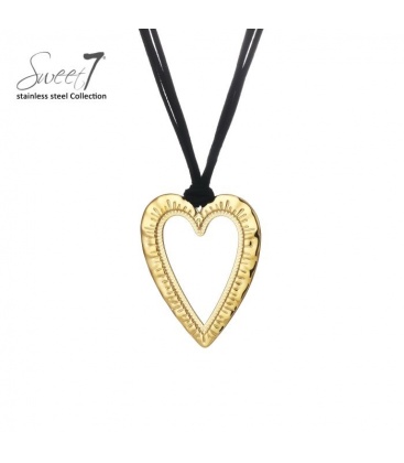Halsketting met goudkleurig hart en zwart koord