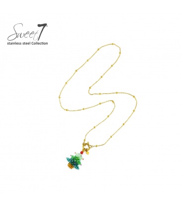 Goudkleurige halsketting met een kerstboom hanger van kralen