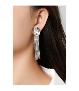 Oorclips zilverkleurige met strengen en heldere strass steentjes