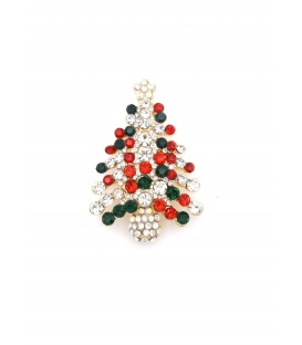 Broche kerstboom met glanzende rode, groene en helder glas steentjes