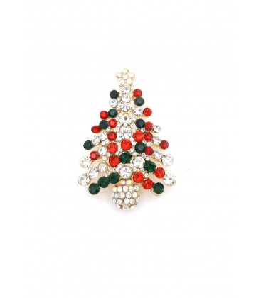 Broche kerstboom met glanzende rode, groene en helder glas steentjes