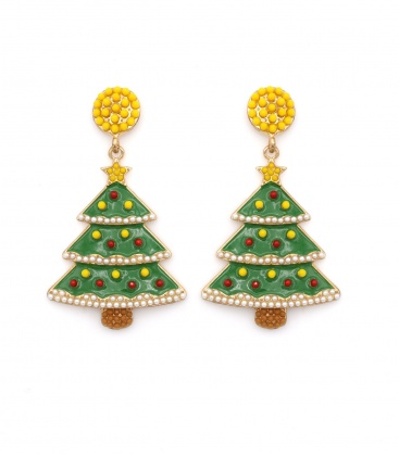 Oorbellen met kerstboom en parelrandjes in kleur