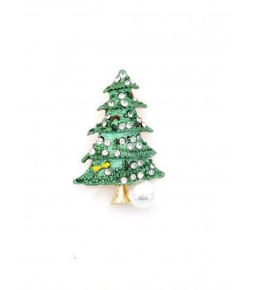 Broche kerstboom groen met heldere strass steentjes en parel