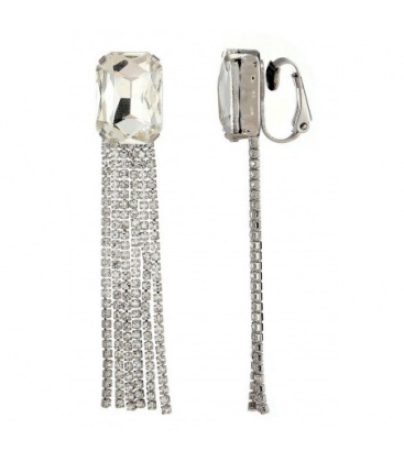 Oorclips zilverkleurige met strengen en heldere strass steentjes