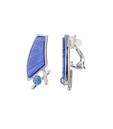 Oorclips met blauwe inleg en zilverkleurig rand en strass steentje