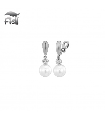 Oorclips met witte parel en strass bol in zilverkleurig