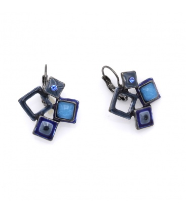 Oorbellen met blauwe vierkante vormen en glas steentje