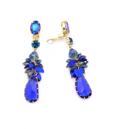 Oorclips in koningsblauw met goudkleurige omlijsting en glas kralen