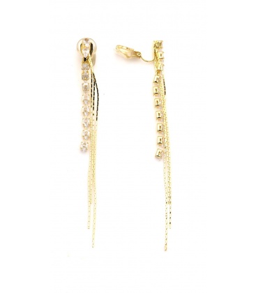 Oorclips goudkleurig met lange sierketting en heldere strass stentjes