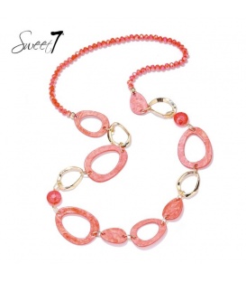 Halsketting lang met rode kralen en open ovale vormen