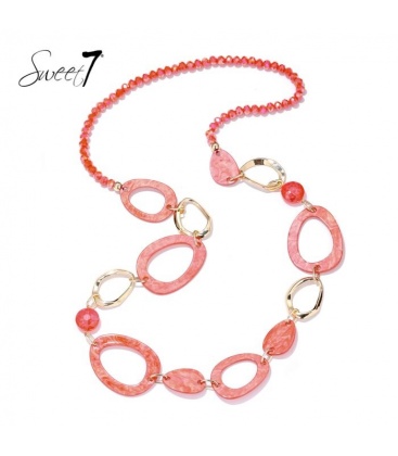 Halsketting lang met rode kralen en open ovale vormen