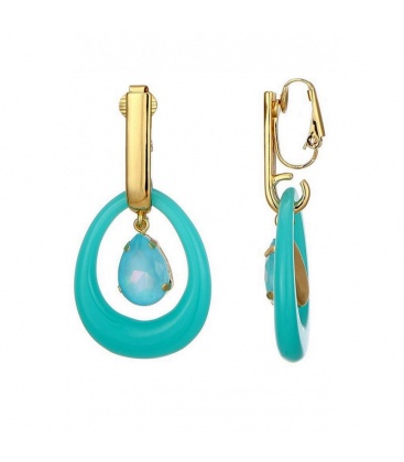 Oorclips met turquoise ring en druppelvormige steen in goudkleurige setting.