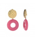 Oorclips roze hanger en goudkleurig gehamerd oor stukje