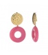 Oorclips roze hanger en goudkleurig gehamerd oor stukje