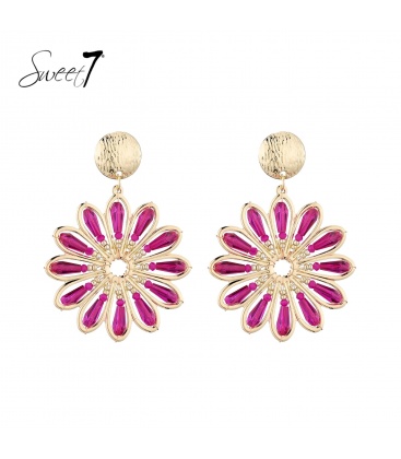 Oorbellen goudkleurig met fuchsia roze inleg