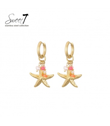 Oorbellen goudkleurig met zeester en kleurrijke kralen 