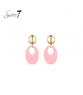 Oorbellen met goudkleurige knop en roze ovale hanger