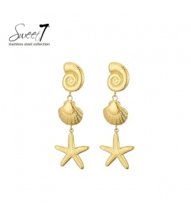 Oorbellen goudkleurig modieuze zeester, schelp en slak als oor stukje