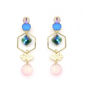 Oorclips blauw met bedels en goudkleurig accenten