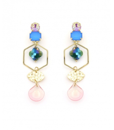 Oorclips blauw met bedels en goudkleurig accenten