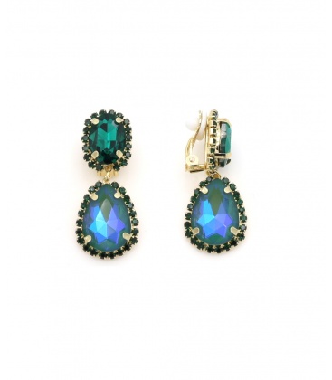 Blauwe oorclips met grote strass stenen