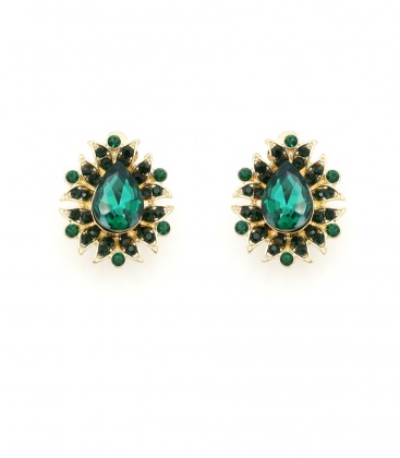 Oorclips met groene druppelsteen en strass steentjes rondom