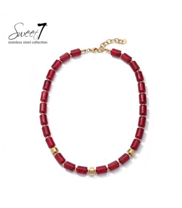 Halsketting bordeaux rode kralen met goudkleurige accenten