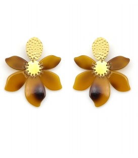 Oorclips met bruine bloem bladeren en goudkleurige details