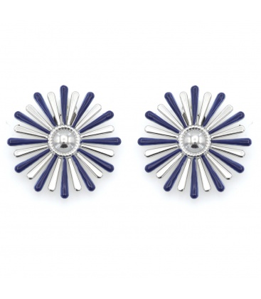 Oorclips met blauw en zilverkleurig bloem motief
