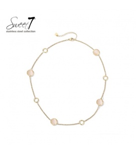 Halsketting met beige cat eye stenen en goudkleurige cirkels