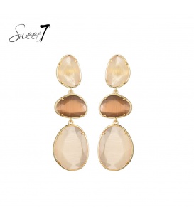 Oorbellen met drie Cat Eye stenen in beige en bruin 
