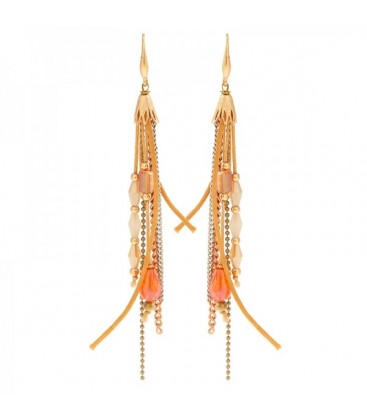 Lange oorbellen met bruine, oranje glaskralen en goud en zilverkleurige strengen