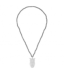 Zwarte lange kralen halsketting met zilverkleurige uil hanger